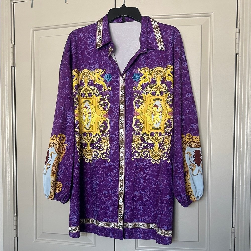 SHEIN Purple and Yellow Button Down Shirt